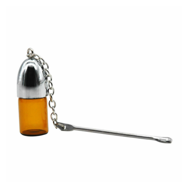 Small glass snuff vial with attached chain and spoon