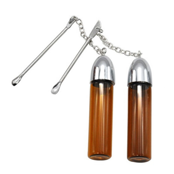 Large glass snuff vial with attached chain and spoon