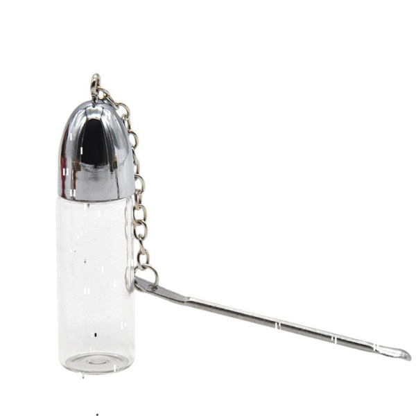 Medium glass snuff vial with attached chain and spoon