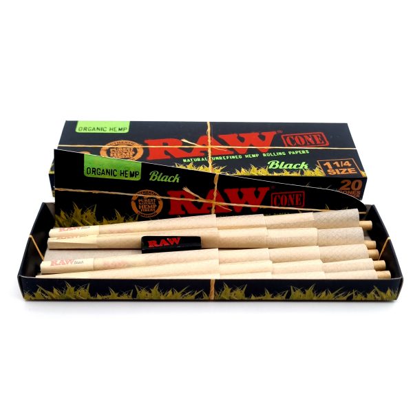 RAW Black Organic Hemp Pre-Rolled 1 ¼ Size Cones – 20 Pack