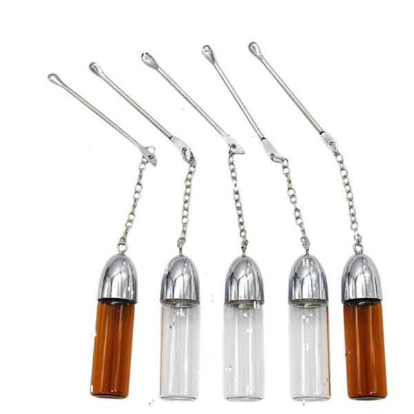 Medium glass snuff vial with attached chain and spoon