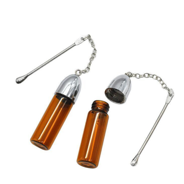 Medium glass snuff vial with attached chain and spoon
