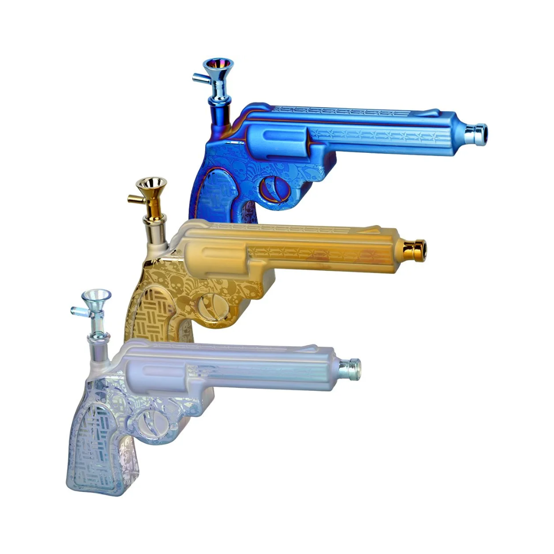 Six Gun A-Blazin' Electroplated Glass Pistol Bubbler - 10.75"/27.3cm (14mm F)